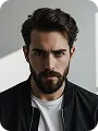 Serious man with dark hair, beard, and mustache wearing a black jacket over a white shirt.