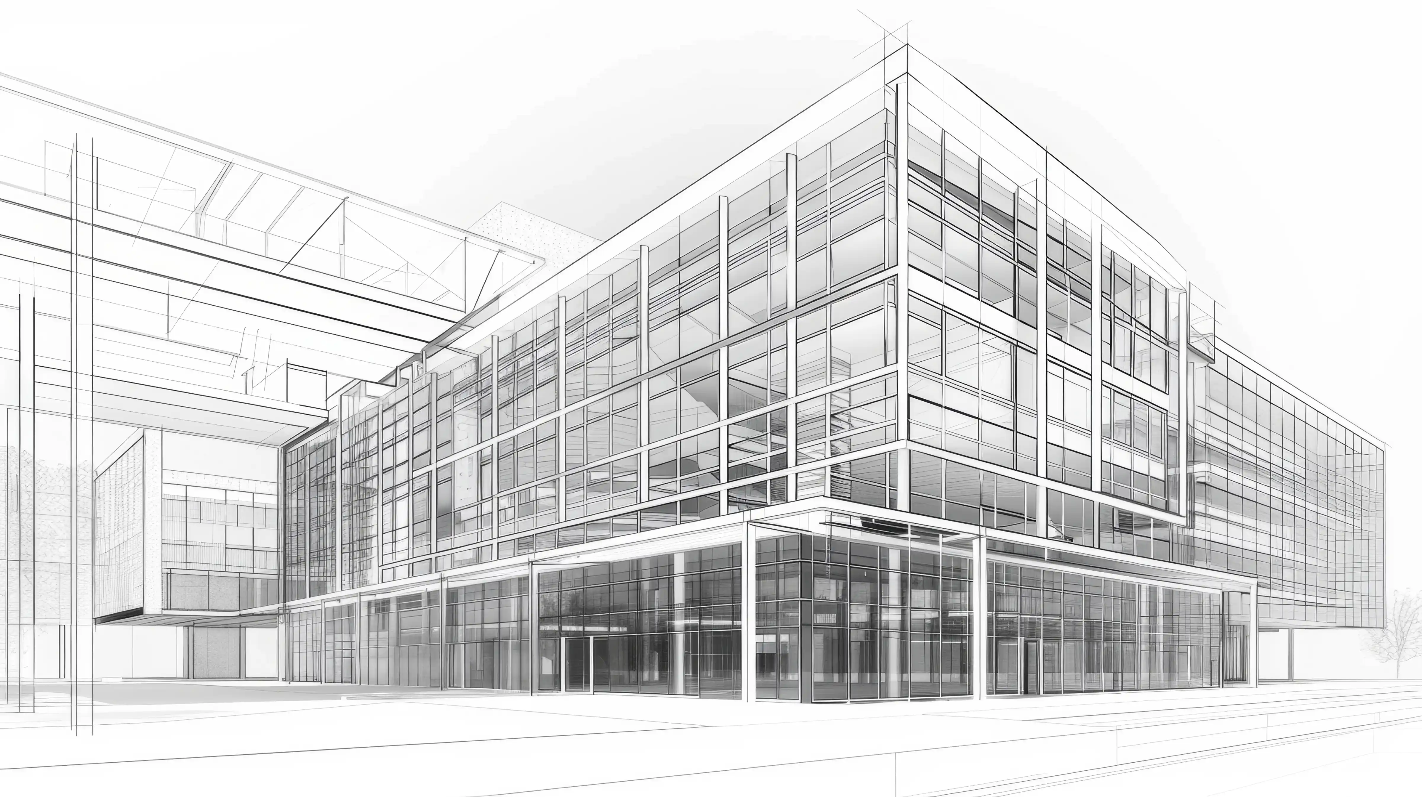 Architectural sketch of a modern multi-story glass building with clean lines and open design.