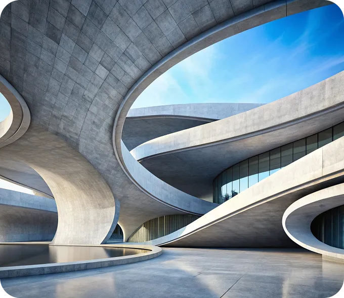Modern architectural structure with curving concrete ramps and reflective glass under a clear blue sky.