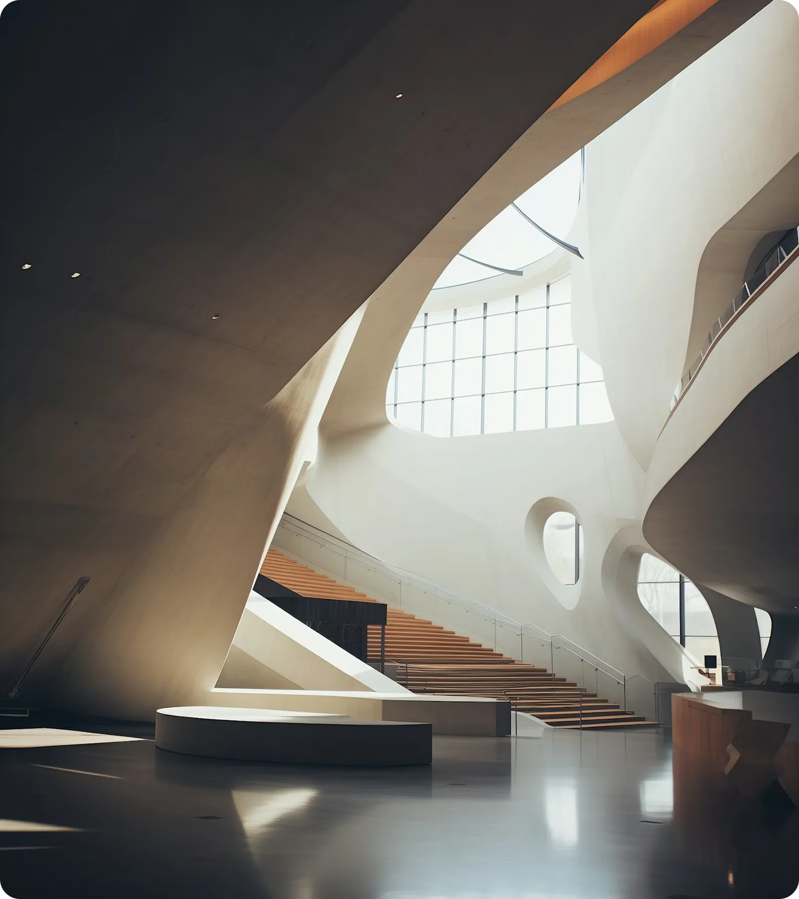Modern interior of a building with a large wooden staircase, curved white walls, and a skylight window letting in natural light.