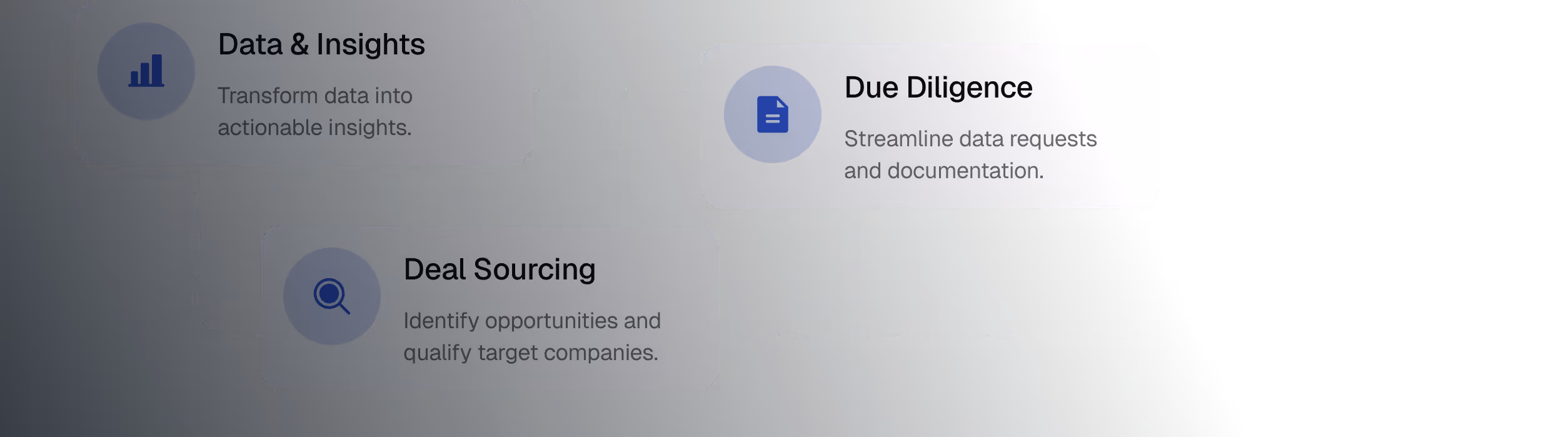 Flowchart showing Data & Insights, Deal Sourcing, and Due Diligence with related icons and descriptions.