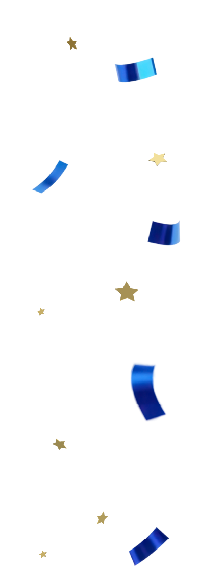 Blue and yellow curling ribbon pieces with gold confetti stars scattered on a black background.