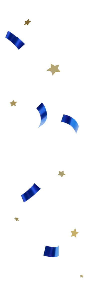Blue curled ribbons with scattered gold star confetti on a transparent background.