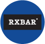 RXBAR logo with white text on a black rectangle inside a blue circle background.