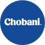 Chobani brand logo with white text on a blue circular background.