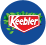 Keebler brand logo with red wordmark over a green leaf and blue circular background.