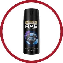 Can of Axe body spray in limited edition Blue Lavender scent with black and purple design.