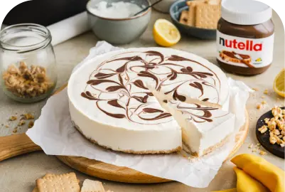 No-bake cheesecake with chocolate swirl on wooden board, Nutella jar and lemon slices nearby.