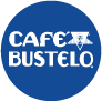 Café Bustelo brand logo with white text and a white coffee cup on a blue circular background.