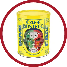 Yellow Café Bustelo coffee can with colorful face artwork and bold blue text.