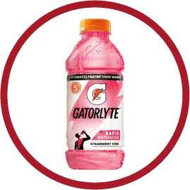 Bottle of pink Gatorlyte Rapid Rehydration strawberry kiwi drink with orange cap.