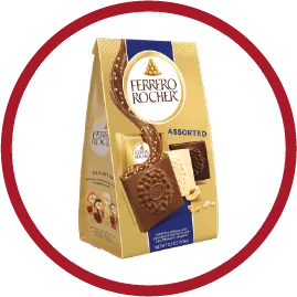 Ferrero Rocher assorted chocolate box with an image of three different chocolate pieces on the packaging.