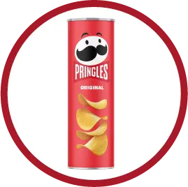 Red Pringles can with original flavor label and stacked potato chips on front.