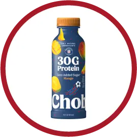 Blue bottle of Chobani 30G Protein mango flavored drink with zero added sugar.