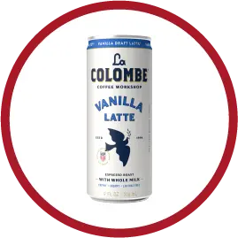 Can of La Colombe Vanilla Latte espresso roast coffee with whole milk on white background.