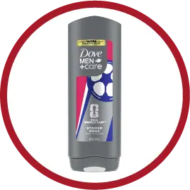 Dove Men+Care body and face wash bottle with gray packaging and blue and red design.