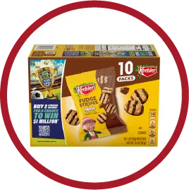 Box of Keebler Fudge Stripes cookies with 10 packs and contest info on yellow packaging.