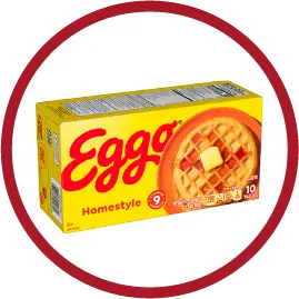 Box of Eggo Homestyle waffles with an image of a waffle topped with butter and syrup.