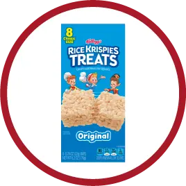 Box of Kellogg's Rice Krispies Treats Original with two treats and Snap, Crackle, Pop characters.