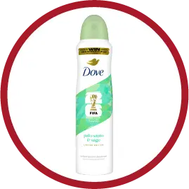 Dove deodorant spray with green and white design and green cap inside a red circle.