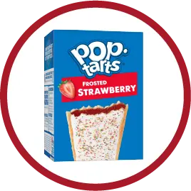 Box of Pop-Tarts Frosted Strawberry with a slice of frosted pastry and sprinkles on blue background.
