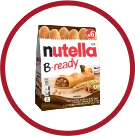 Box of Nutella B-ready with wafer bars filled with Nutella and hazelnuts on front.