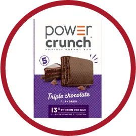 Power Crunch Triple Chocolate protein bar with 13g protein and 5 servings of whey isolate.