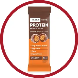 RXBAR protein energy bites with peanut butter, egg whites, dates, and apple slices, dark chocolate flavor.