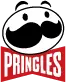 Pringles logo with stylized mustached face and red text on black and white background.