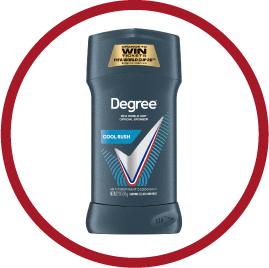 Degree Cool Rush men's antiperspirant deodorant stick with silver and blue accents.