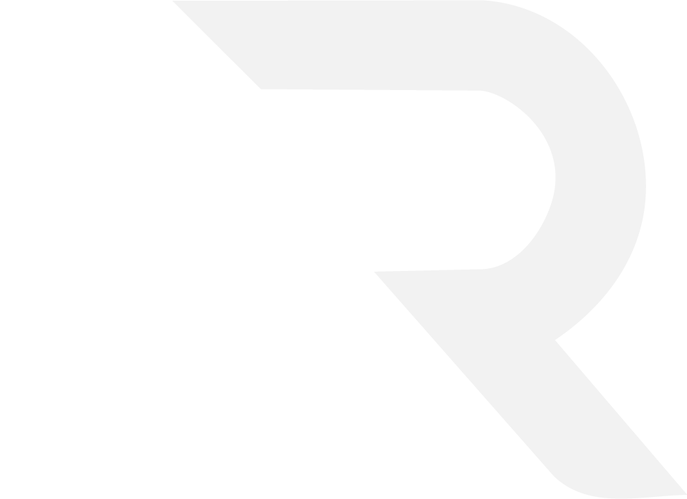 Abstract logo with a stylized letter R in light gray on a white background.
