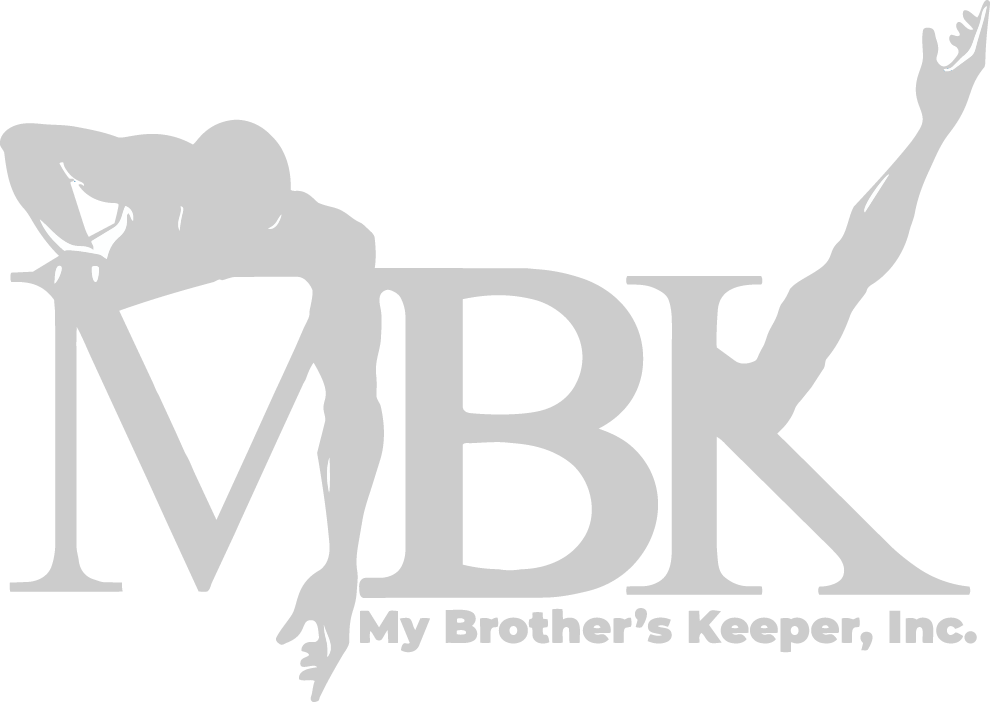 Logo with large letters MBK and silhouette of a man stretching over the letters, text My Brother's Keeper, Inc.