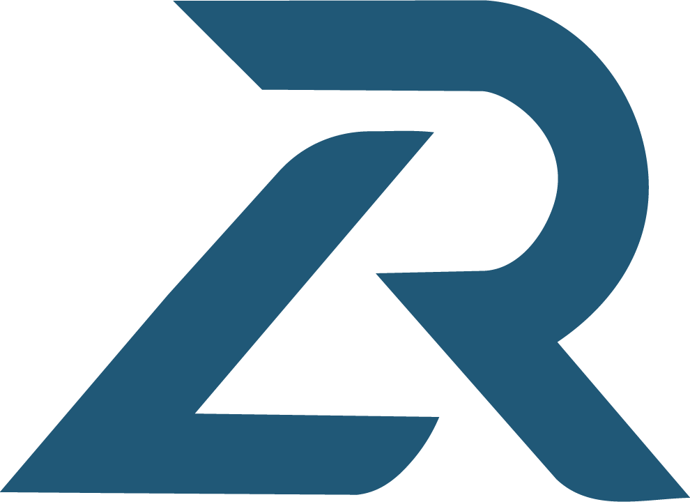 Stylized dark blue geometric letter combination resembling L and R on a white background.