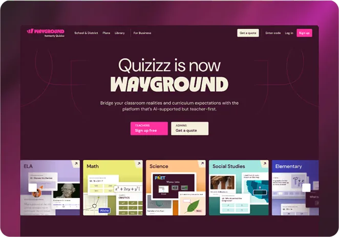 Wayground website homepage announcing Quizizz is now Wayground