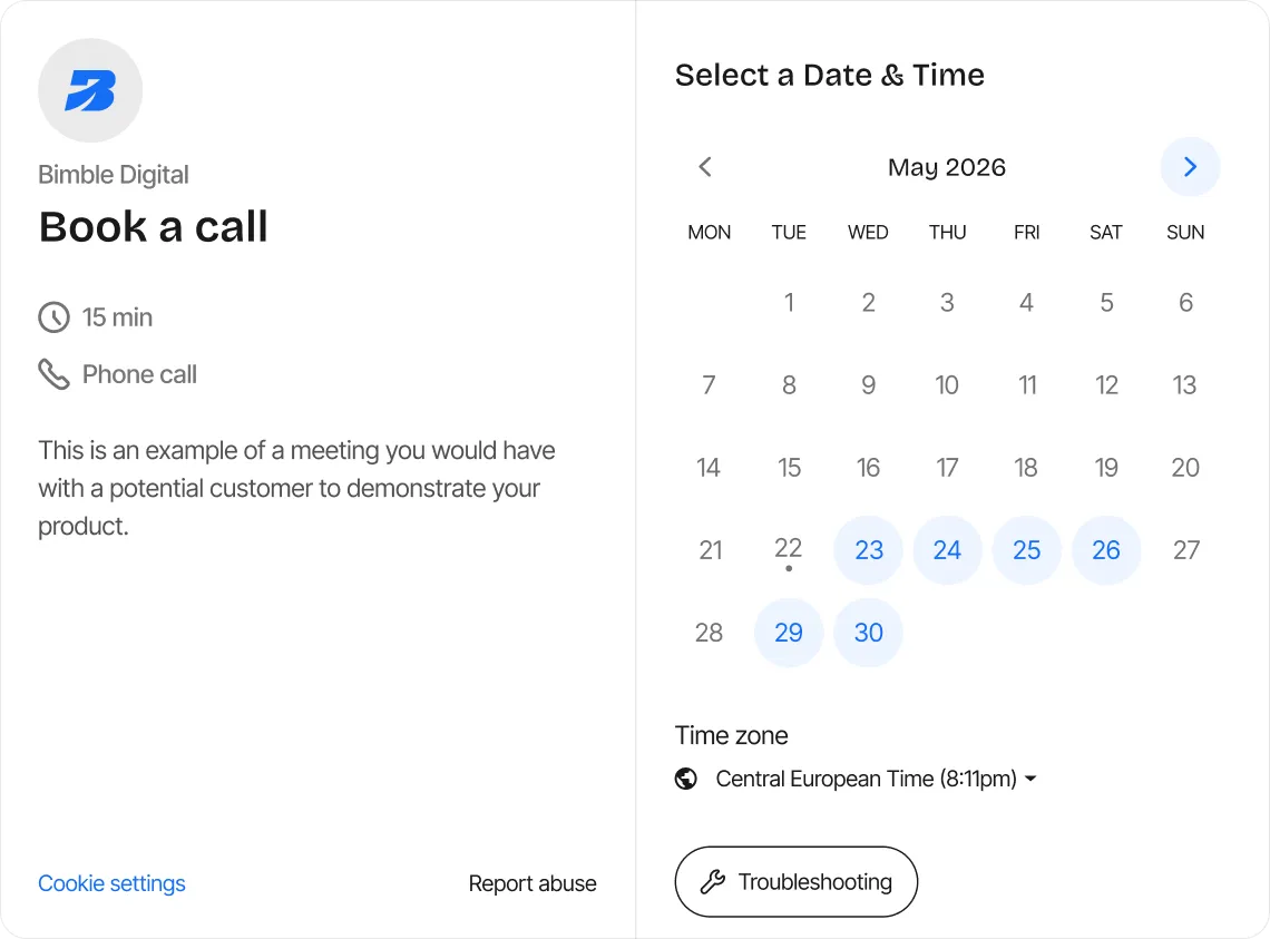 Book a call scheduling page with date and time picker