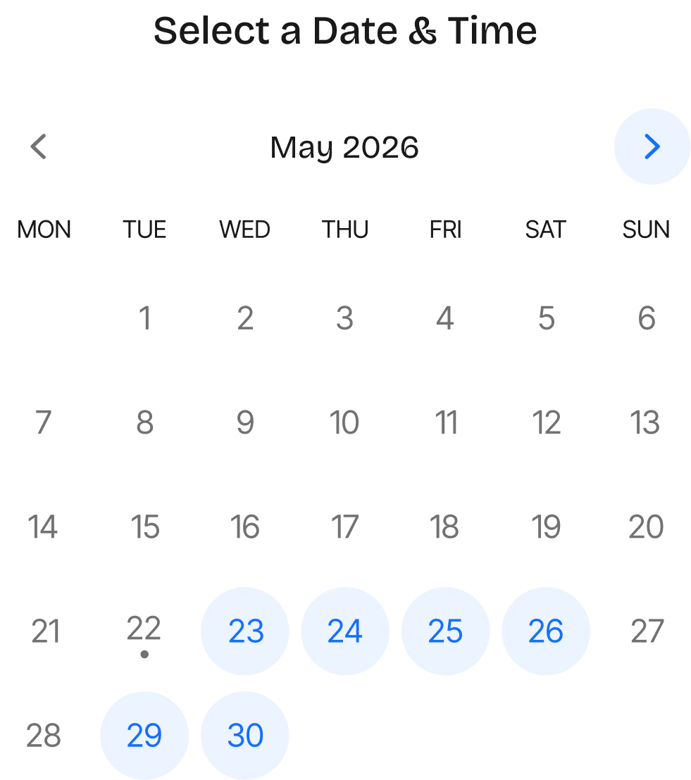 Booking calendar to select a date and time for a free consultation call