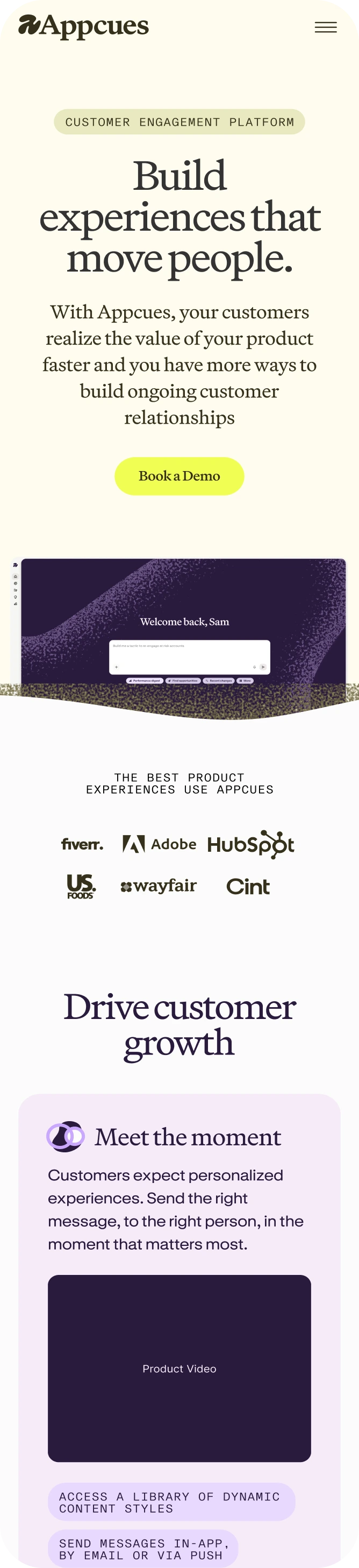 Appcues website homepage shown on a mobile screen