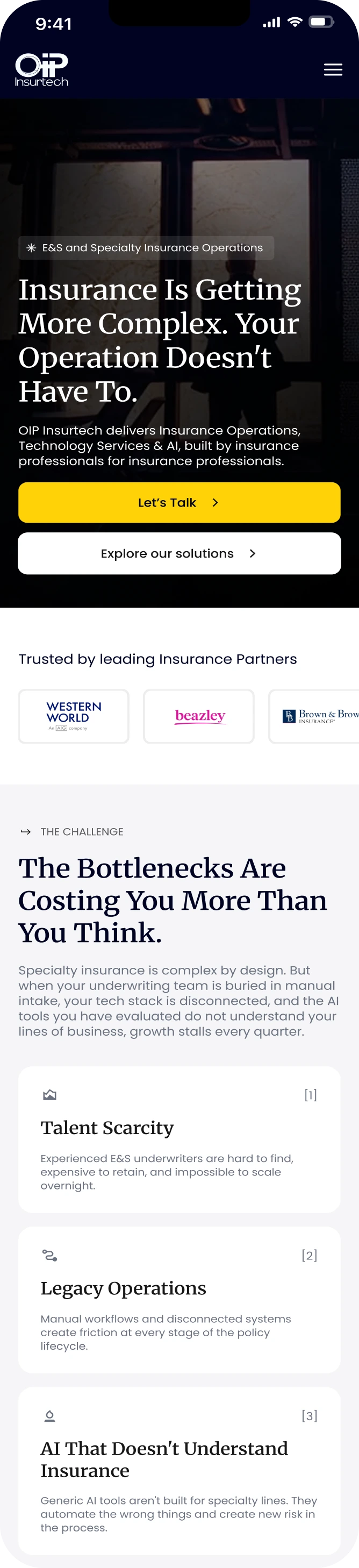 OIP Insurtech website homepage shown on a mobile screen