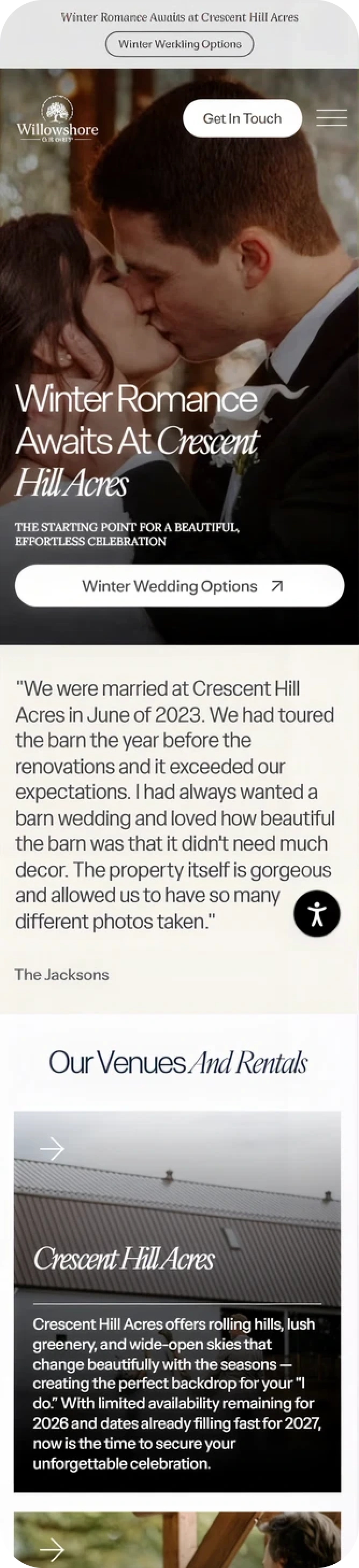 Willowshore Group wedding venue website shown on a mobile screen