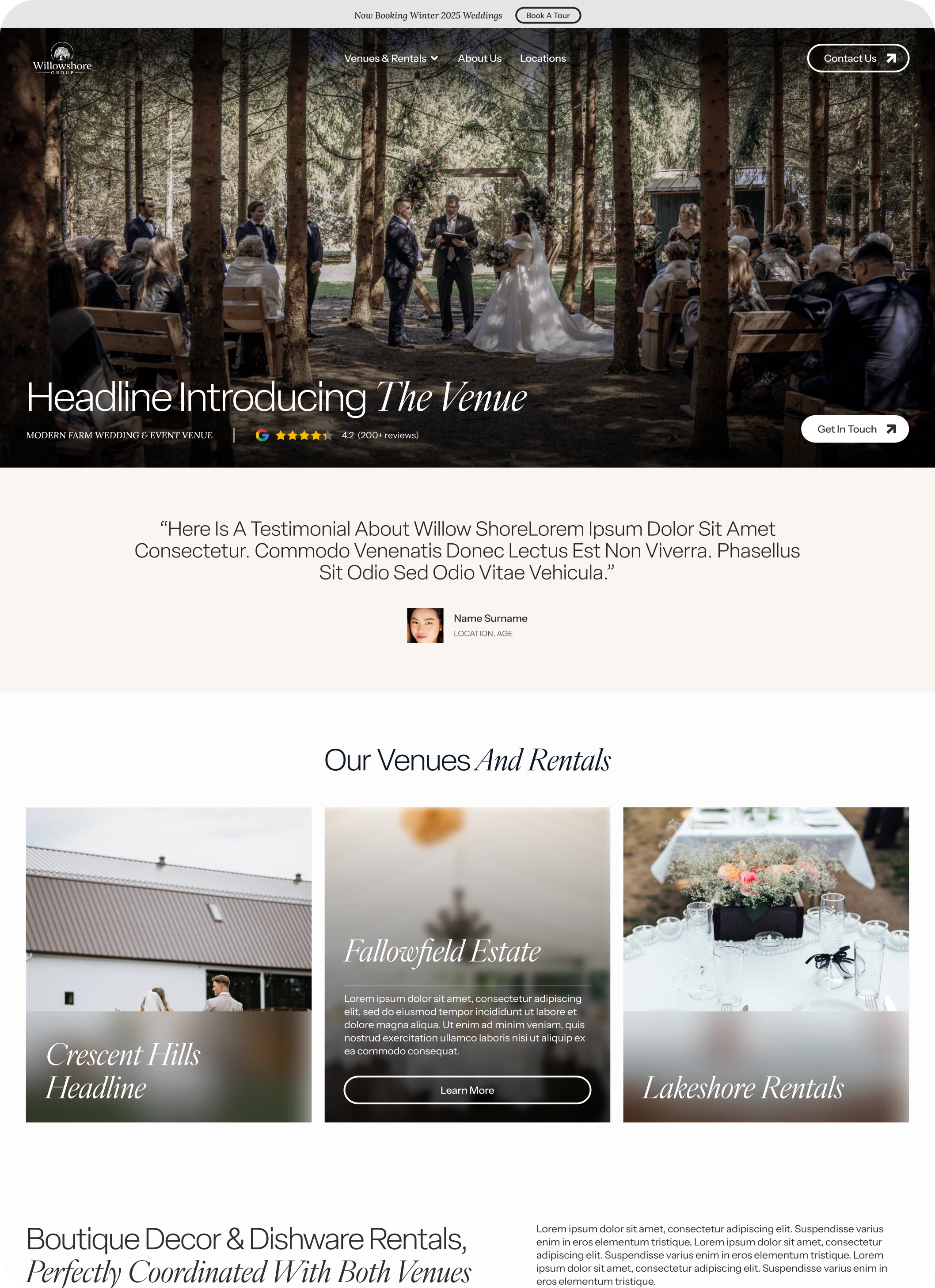 Willowshore Group wedding venue website homepage