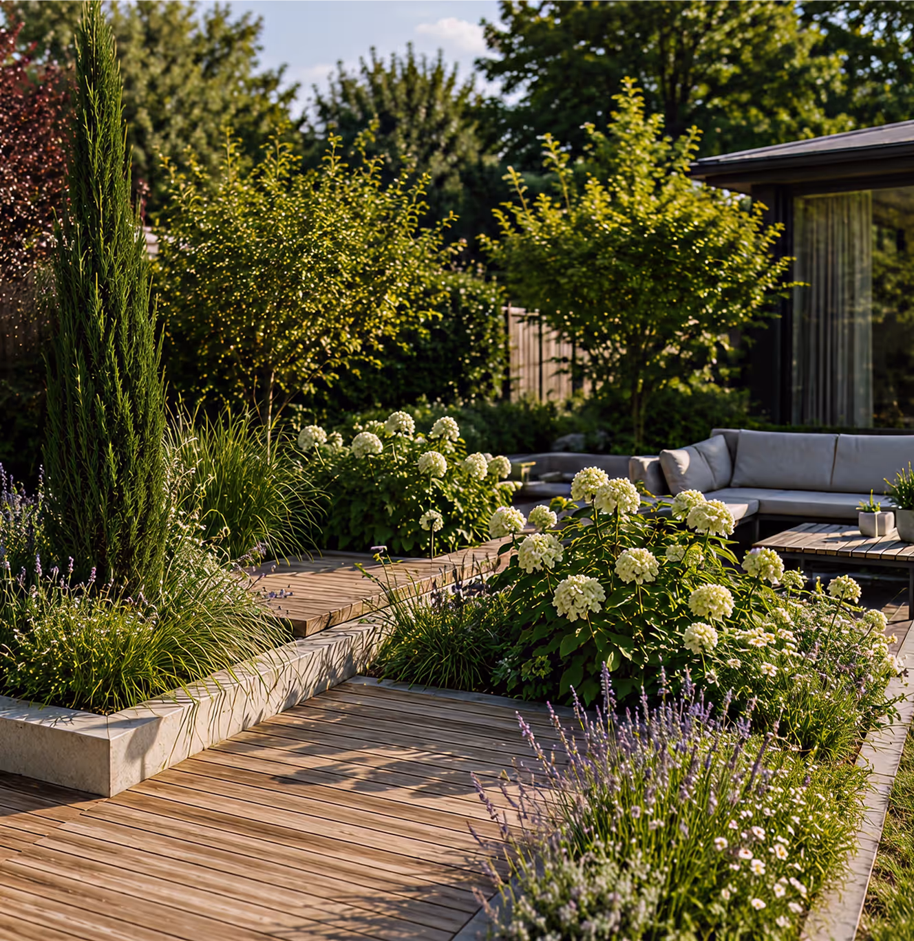 Jardin paysager haut de gamme réalisé par Vernay Paysage dans les Yvelines avec terrasse bois et massifs végétalisés