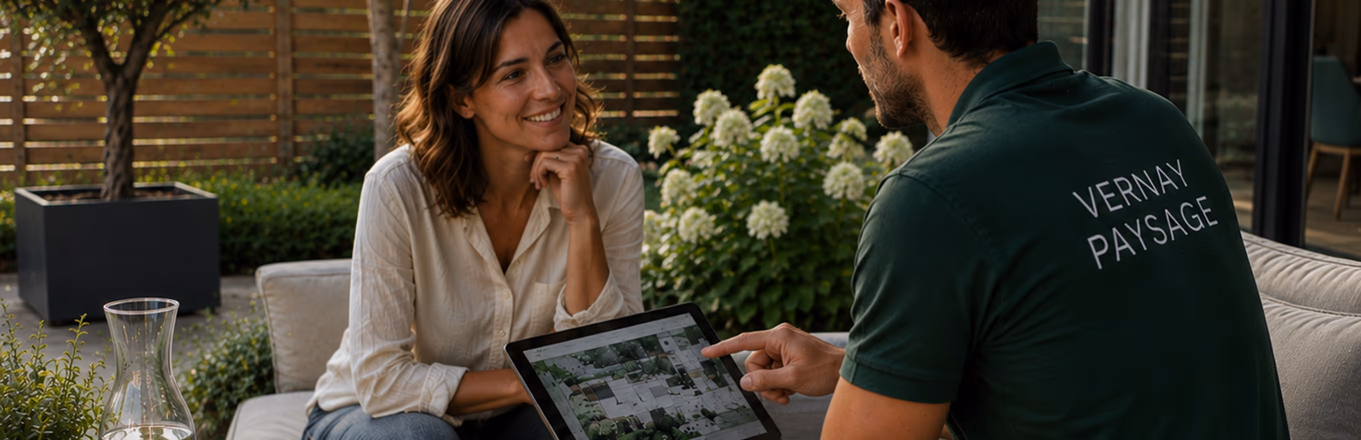 Conseiller Vernay Paysage présentant un projet d’aménagement paysager à une cliente