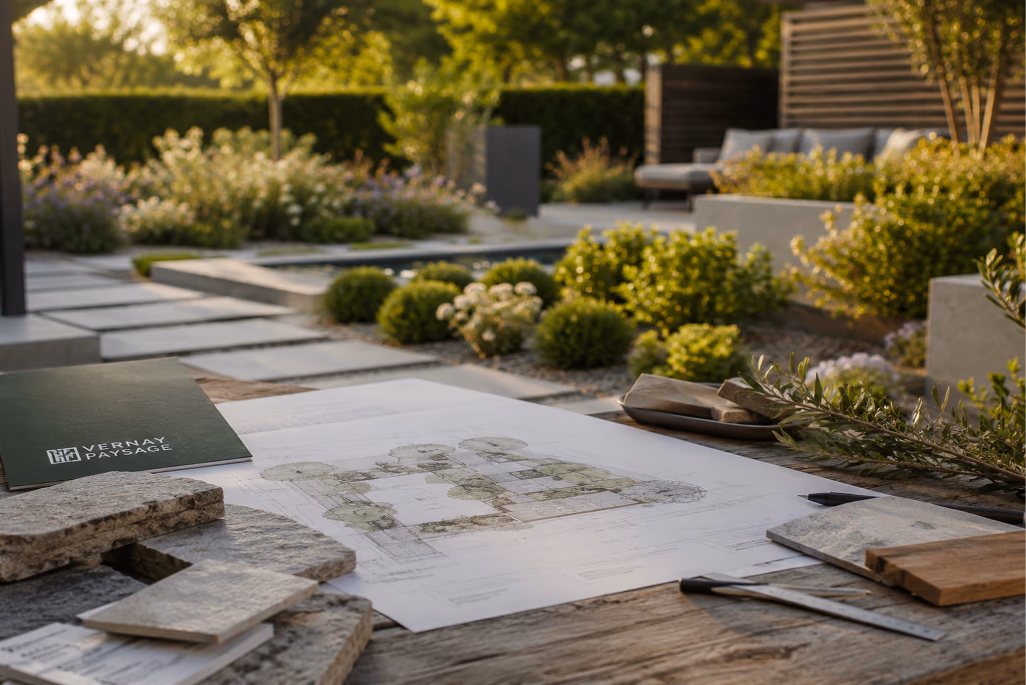 Plan d’aménagement paysager et conception de jardin sur mesure réalisée par Vernay Paysage