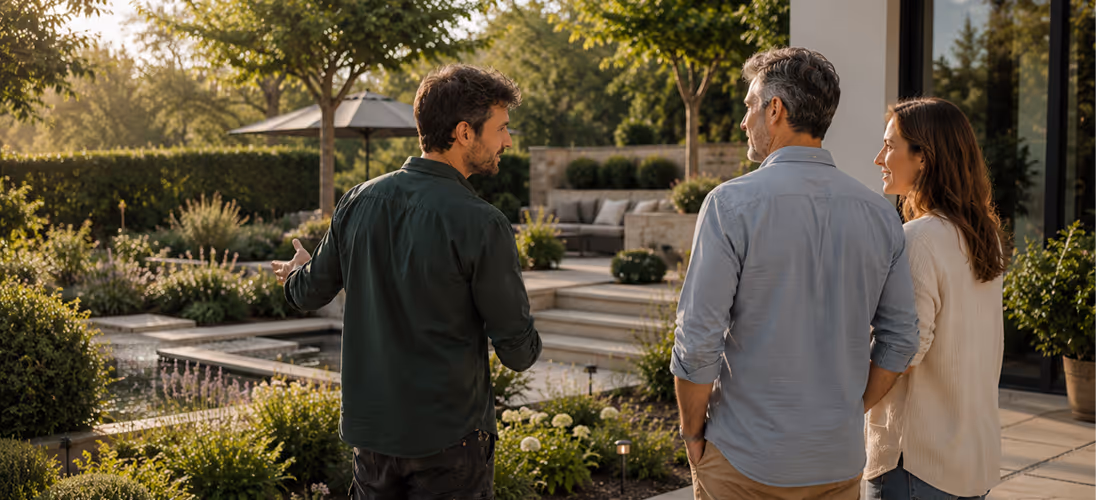 Livraison d’un jardin paysager terminé et réception du chantier avec les clients