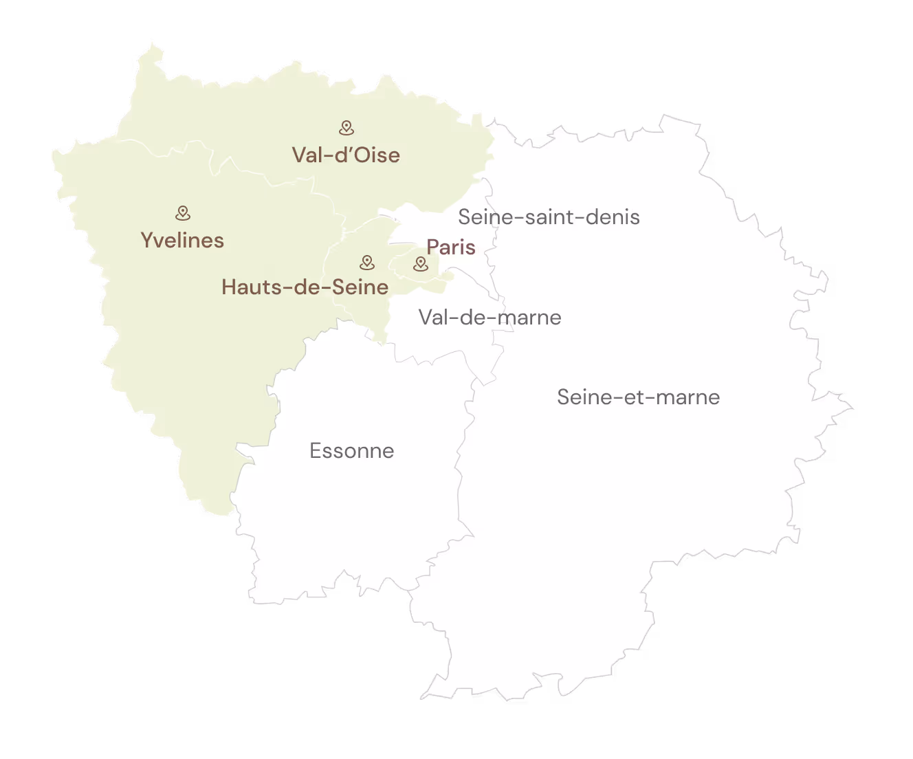 Carte des zones d’intervention de Vernay Paysage dans les Yvelines, les Hauts-de-Seine, le Val-d’Oise et l’Ouest parisien