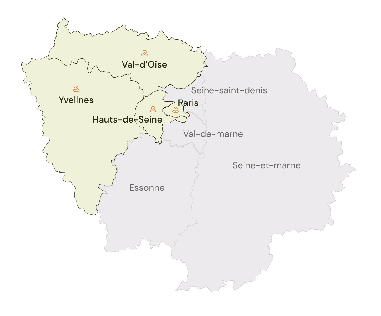 Carte des zones d’intervention de Vernay Paysage dans les Yvelines, les Hauts-de-Seine, le Val-d’Oise et l’Ouest parisien