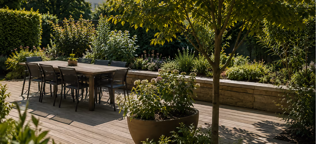 Terrasse en bois aménagée avec espace repas dans un jardin paysager