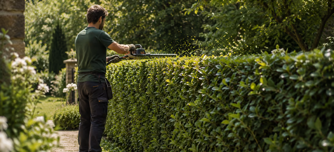 Jardinier réalisant la taille d'une haie dans un jardin des Yvelines