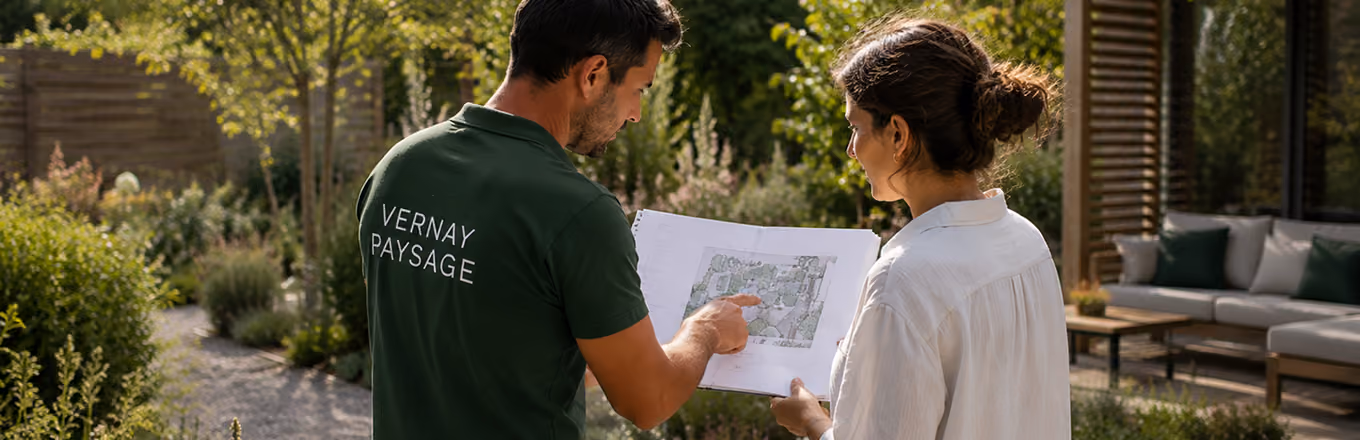 Équipe de Vernay Paysage présentant un projet d'aménagement paysager à une cliente dans les Yvelines