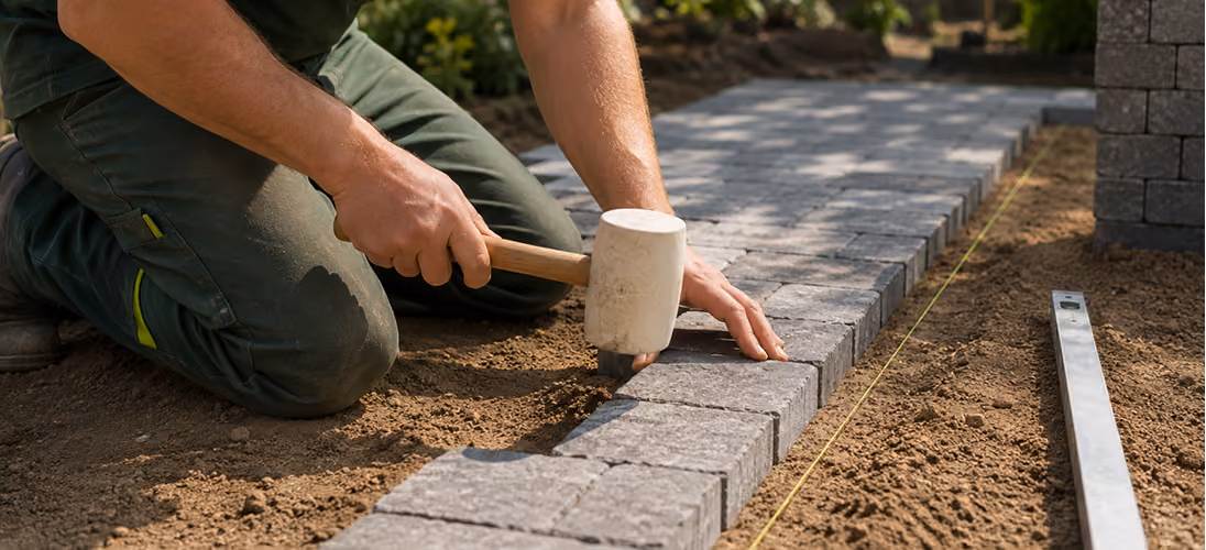 Pose de pavés par un artisan de Vernay Paysage lors d'un chantier d'aménagement extérieur